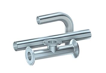 Elbow, tube and t-piece with clamps made of stainless steel