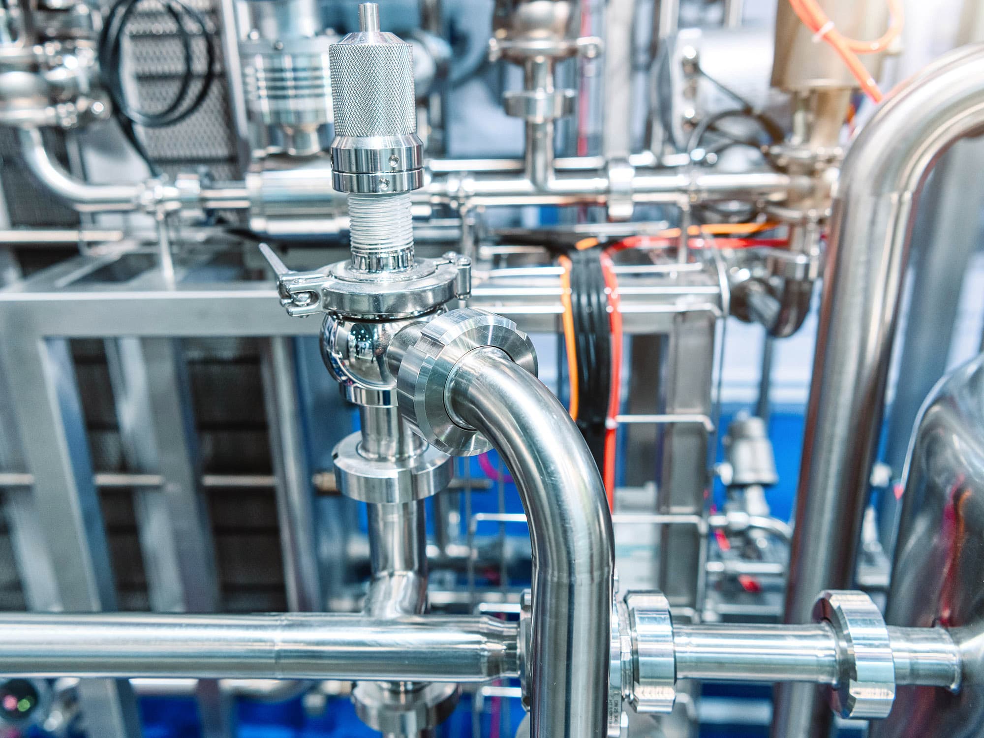 Close-up of stainless steel components installed in a system