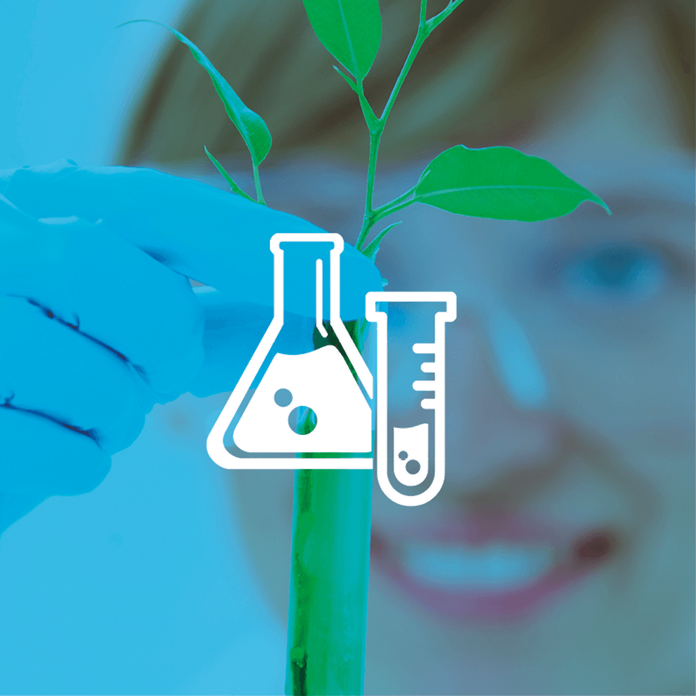 Icon of test tubes on a blue-coloured image of a laboratory employee with blue rubber gloves and a plant in her hand