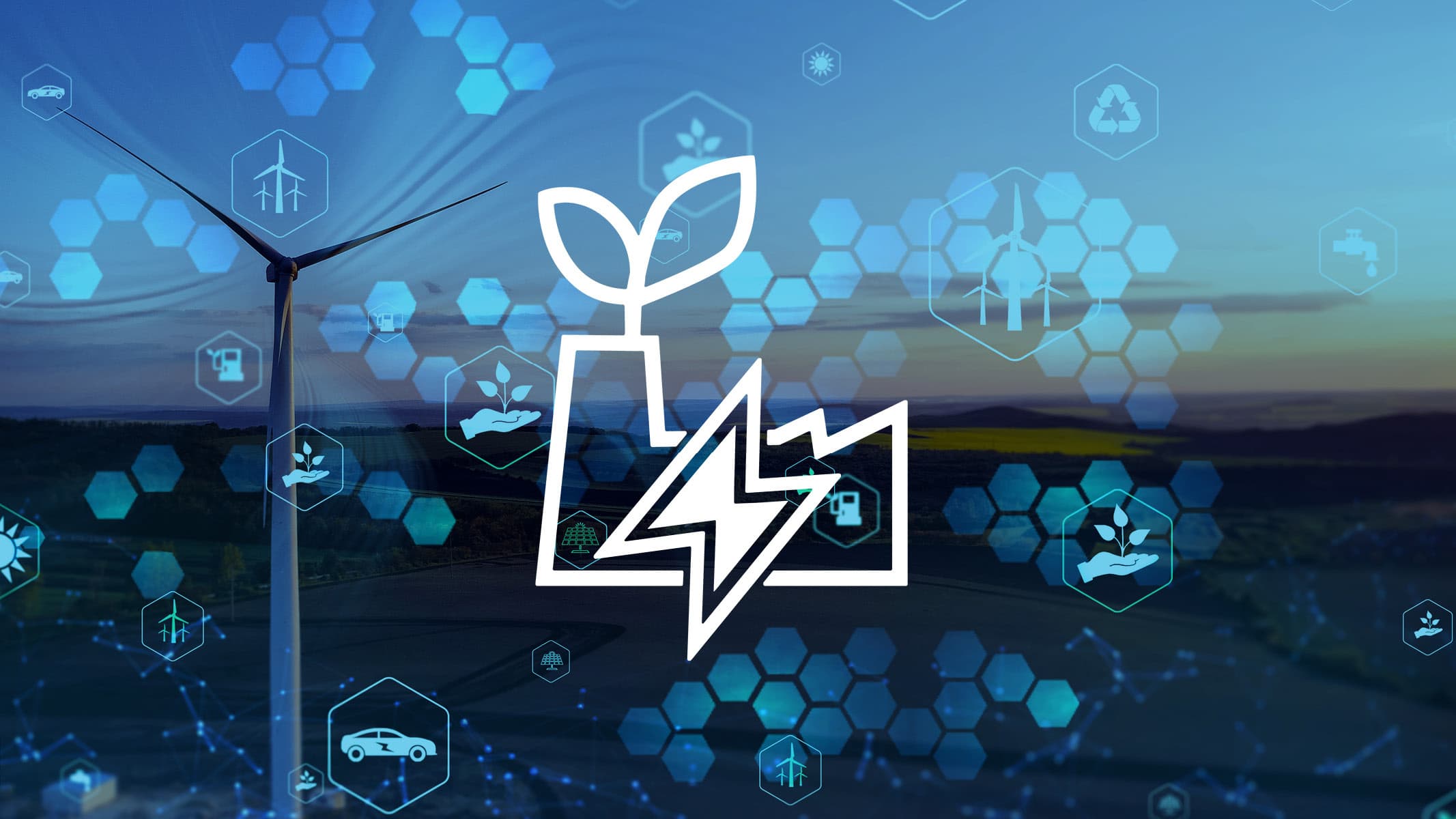 Icon of a factory on a blue-coloured background with a wind turbine and other icons for renewable energies