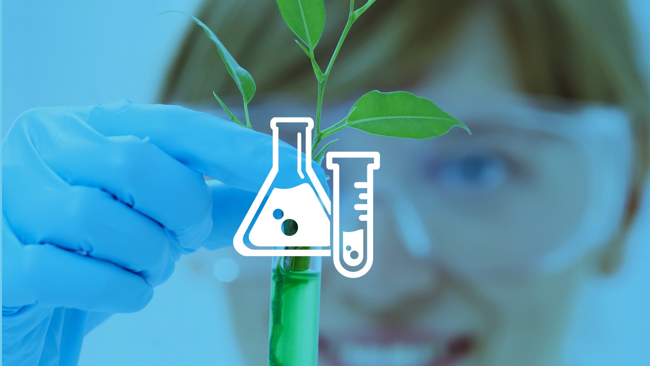 Icon of test tubes on a blue-coloured image of a laboratory employee with blue rubber gloves and a plant in her hand