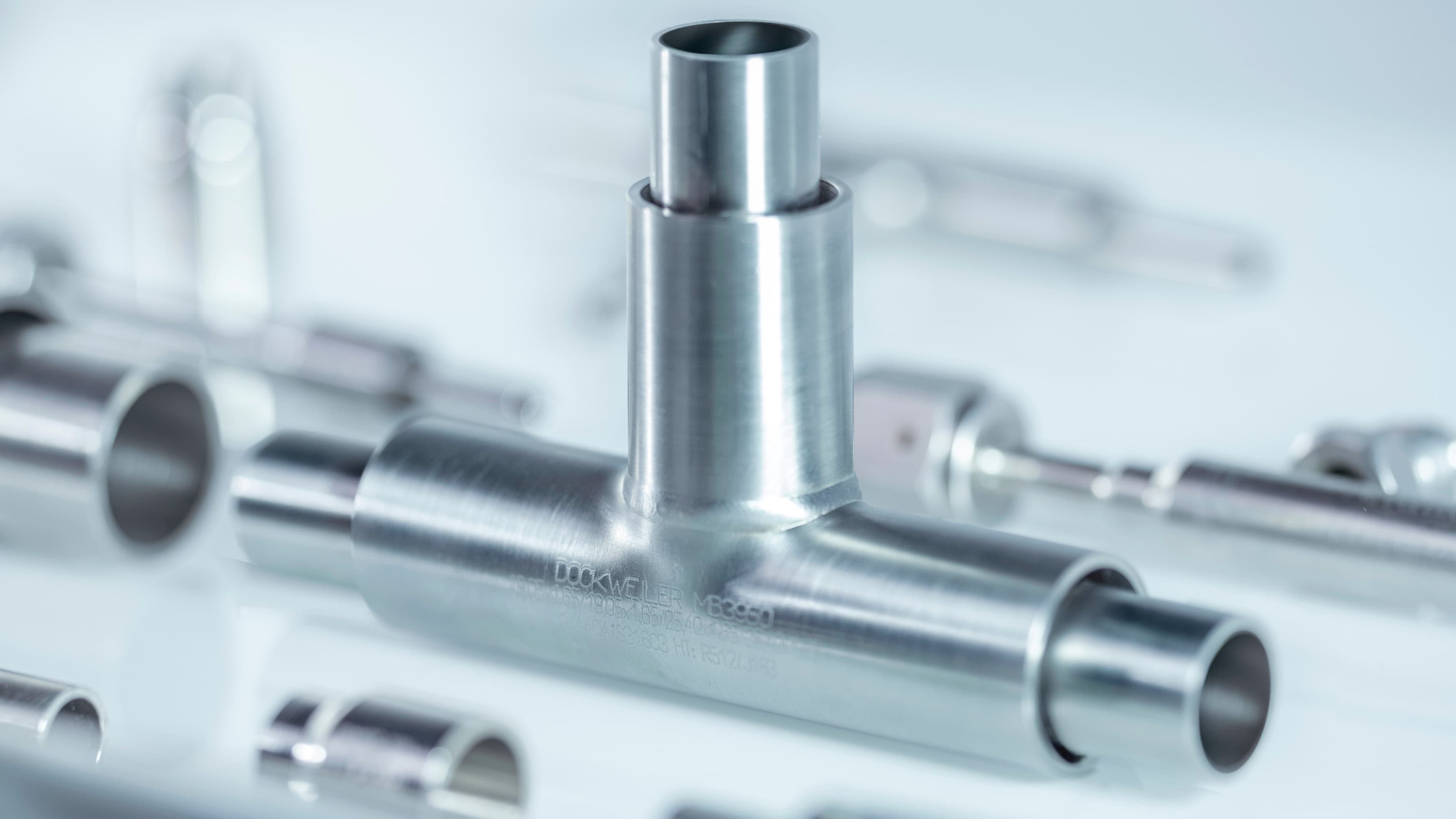 Coax t-piece in front of different other double wall components made of stainless steel