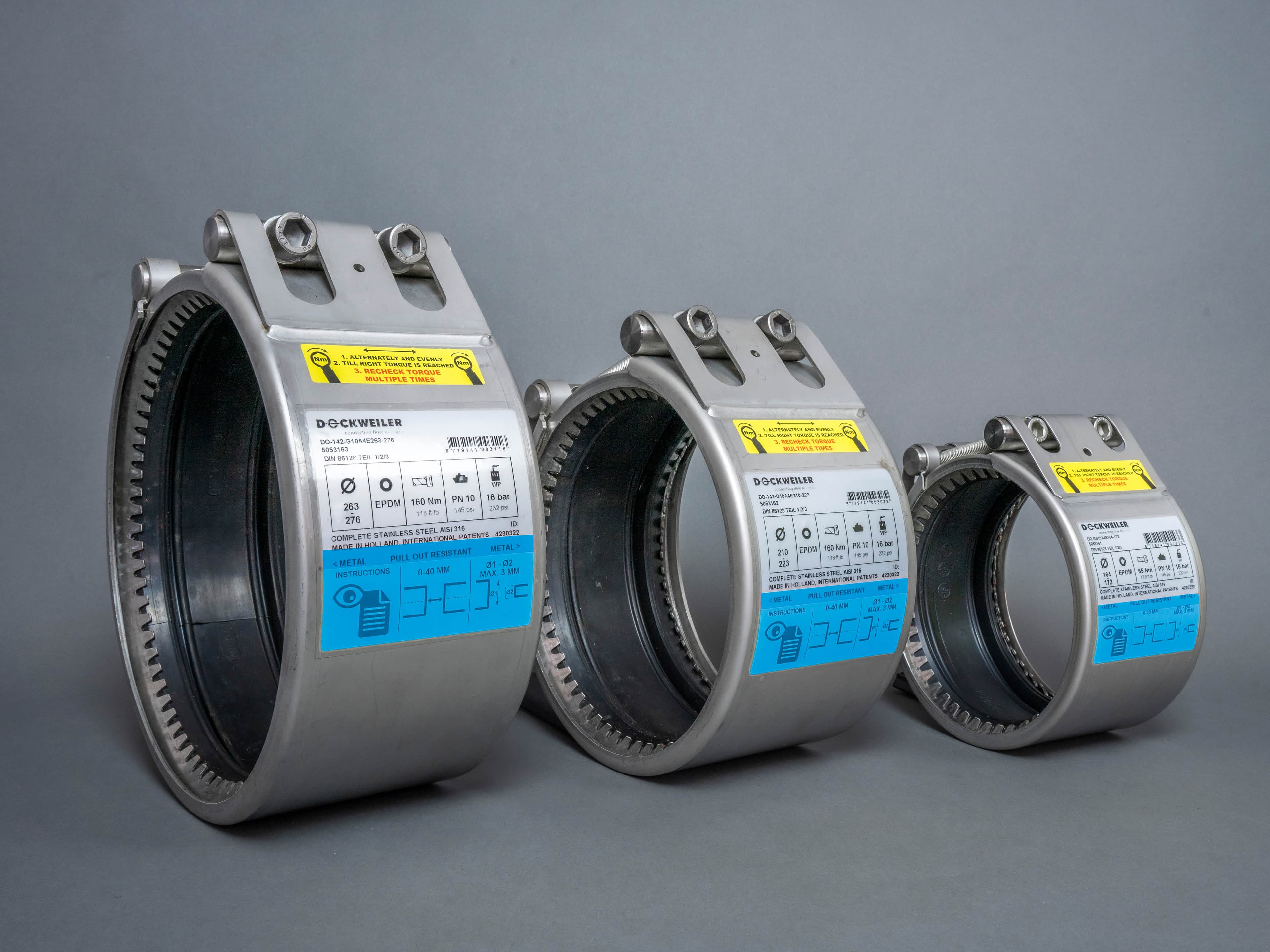 Pipegrip pipe couplings in three different sizes, next to each other