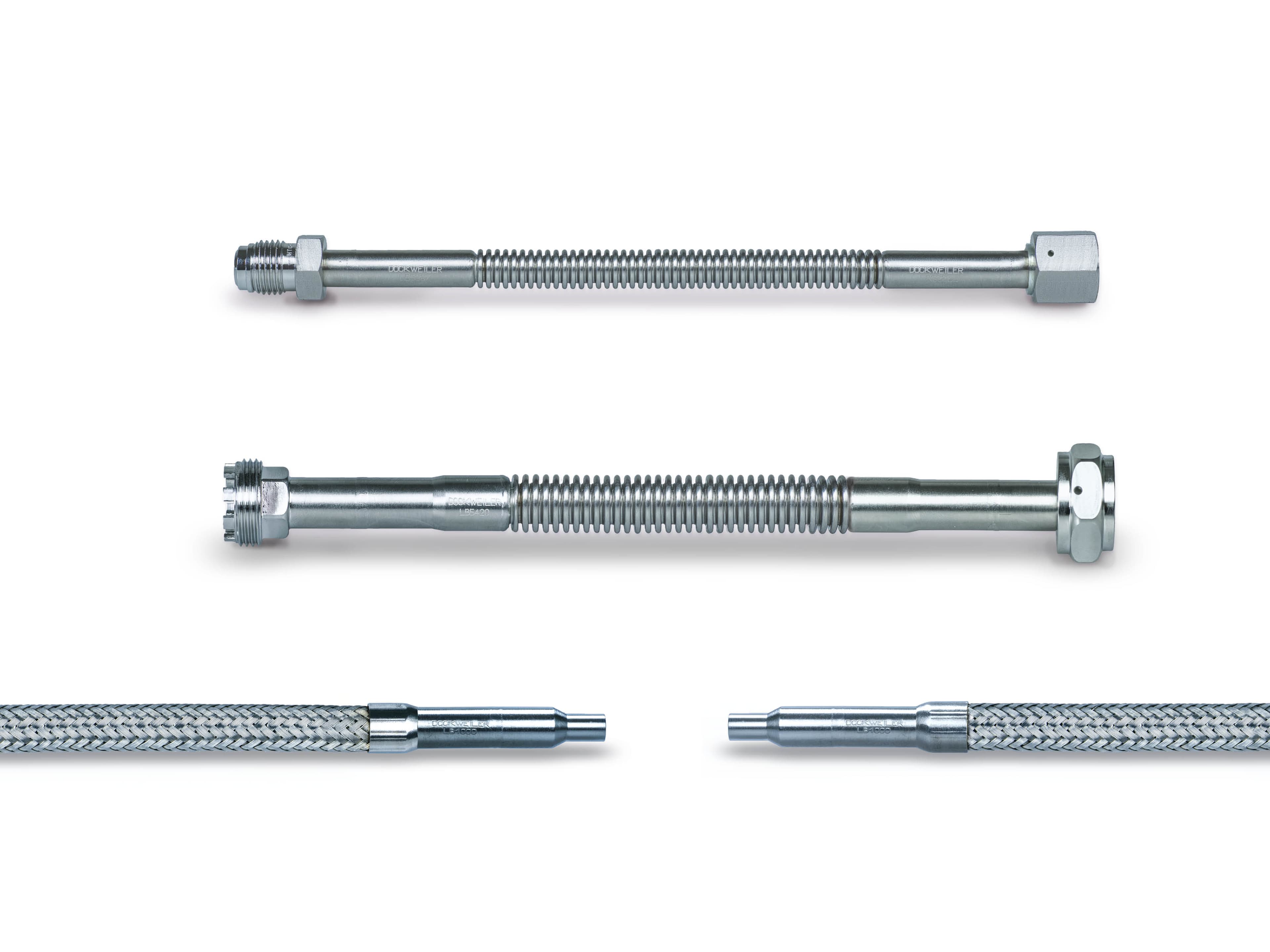 various stainless steel corrugated hoses with different connections on a white background