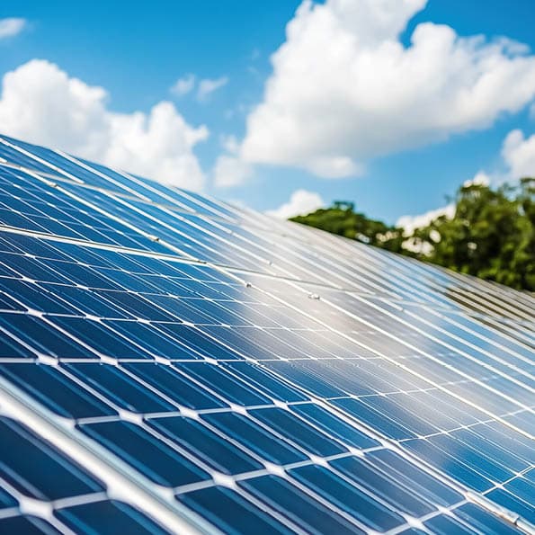 Photovoltaic system in front of trees with blue sky and clouds