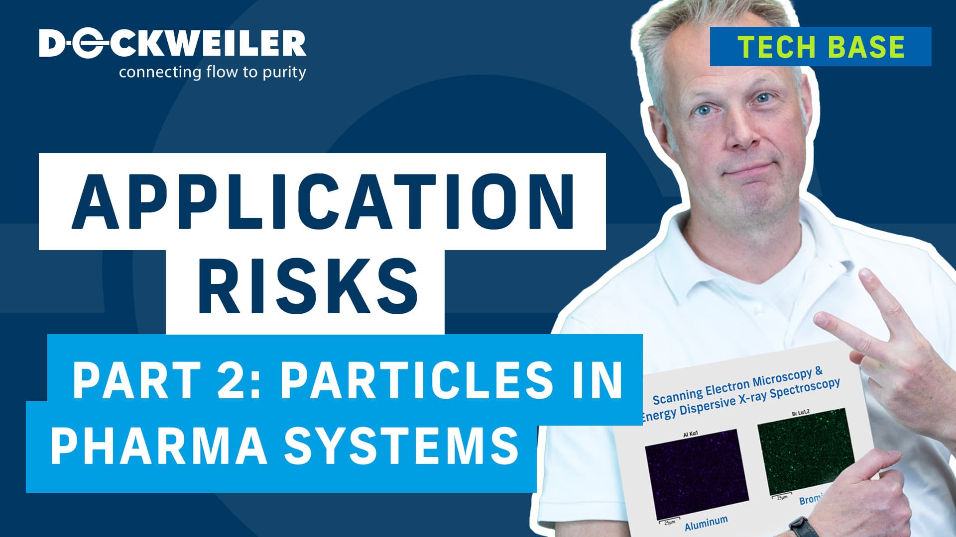 Title slide from a Dockweiler training session on particles in pharmaceutical systems. A person is presenting images of particle analyses.